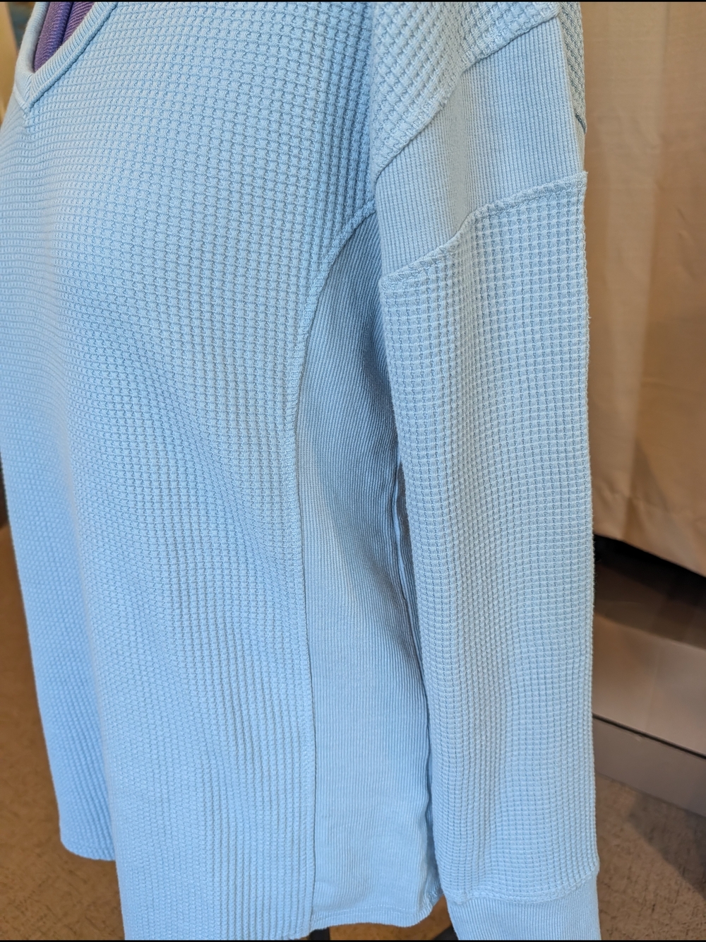 C&C California Pale Blue Waffle V-Neck Long Sleeve Top - Picture 7 of 13